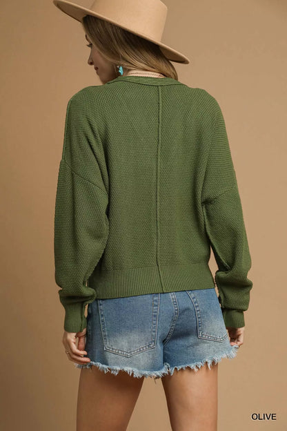 Olive Green Chunky Cable Knit V-Neck Button-Up Cardigan - Tigbul's Variety Fashion Shop