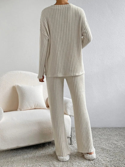 Ribbed Knit V-Neck Top and Pants Lounge Set - Tigbul's Variety Fashion Shop