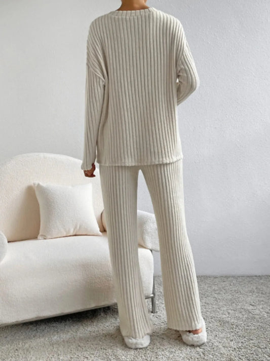 Ribbed Knit V-Neck Top and Pants Lounge Set - Tigbul's Variety Fashion Shop