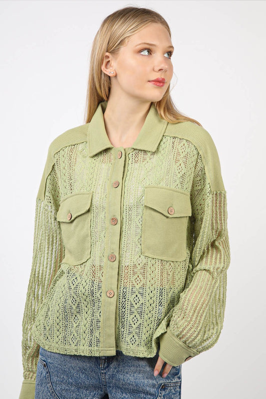 VERY J Button Up Long Sleeve Lace Shirt - Tigbul's Variety Fashion Shop