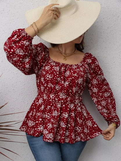 Floral Print Square Neck Long Sleeve Peplum Blouse - Tigbul's Variety Fashion Shop