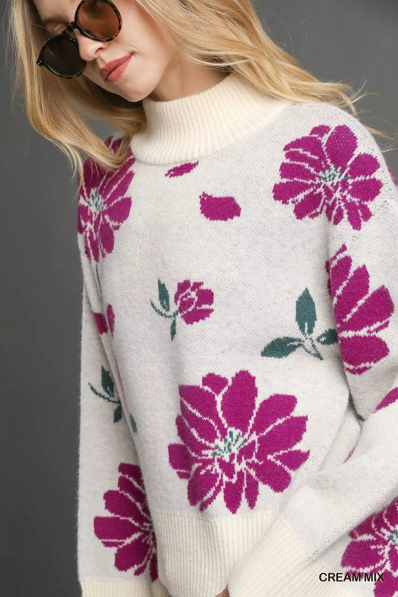 Umgee Floral Patterned Mock Neck Sweater - Tigbul's Variety Fashion Shop