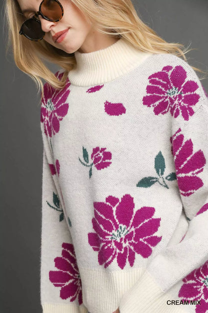 Umgee Floral Patterned Mock Neck Sweater - Tigbul's Variety Fashion Shop