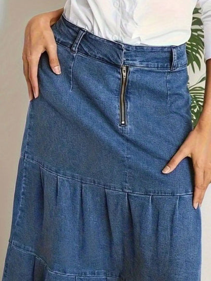 Tiered Maxi Denim Skirt with Zipper Detail - Tigbul's Variety Fashion Shop