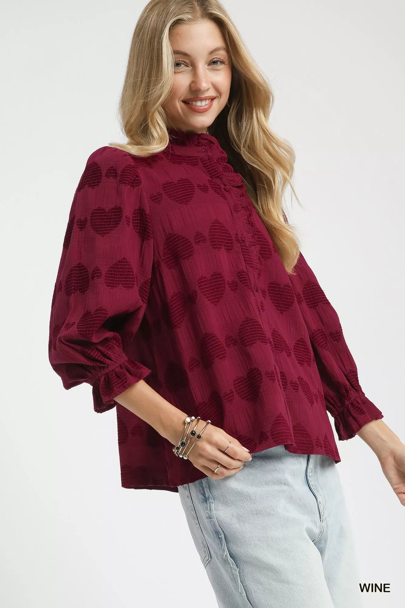 Umgee Heart Jacquard Ruffle Trim Shirt - Tigbul's Variety Fashion Shop