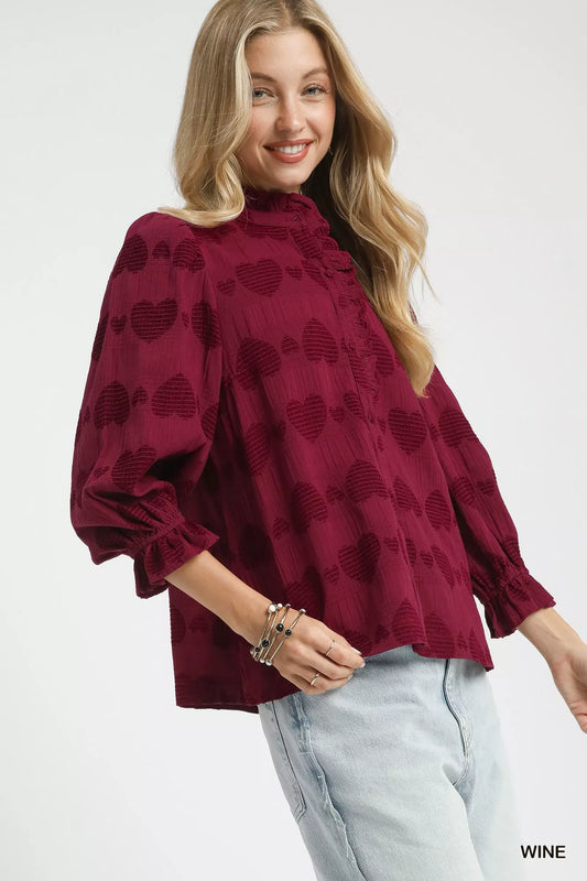 Umgee Heart Jacquard Ruffle Trim Shirt - Tigbul's Variety Fashion Shop
