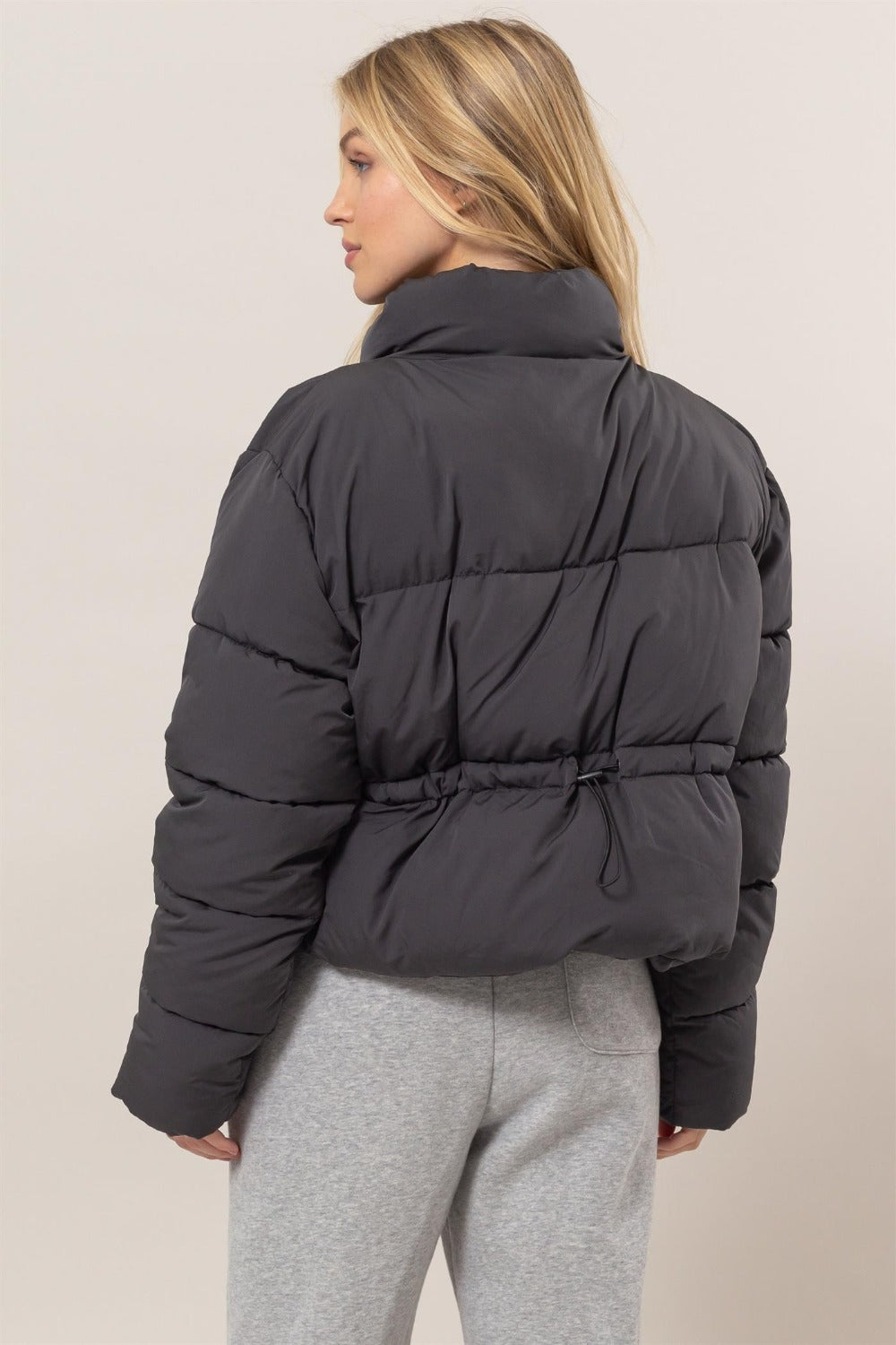 Quilted Back Drawstring Puffer Jacket - Tigbul's Variety Fashion Shop