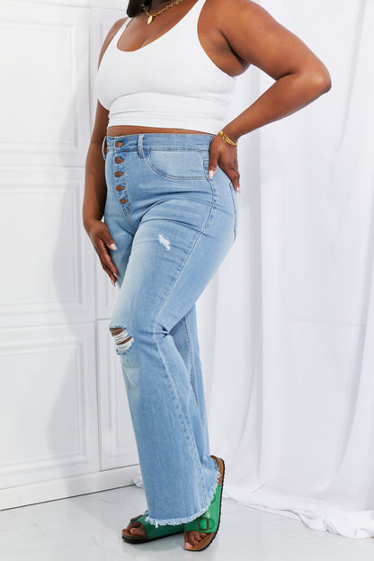 Vibrant MIU Full Size Jess Button Flare Blue Jeans | Tigbuls