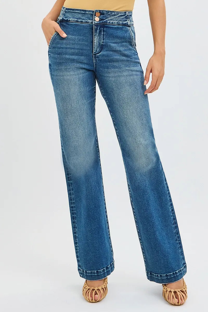 RISEN Full SIze Tummy Control High Rise Bootcut Jeans with Double Button Waistband Plus SIze - Tigbul's Variety Fashion Shop