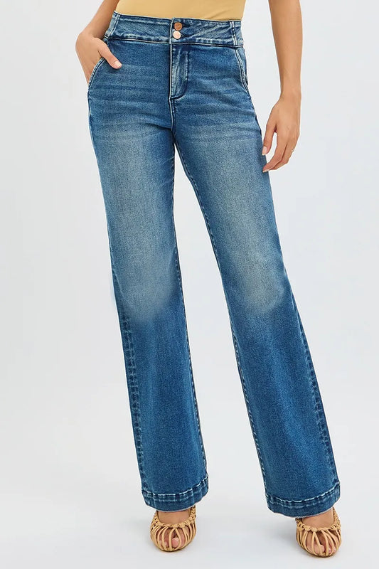 RISEN Full SIze Tummy Control High Rise Bootcut Jeans with Double Button Waistband Plus SIze - Tigbul's Variety Fashion Shop