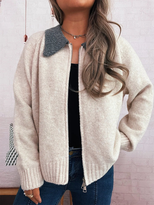 Contrast Collar Zip-Up Cardigan - Tigbul's Variety Fashion Shop