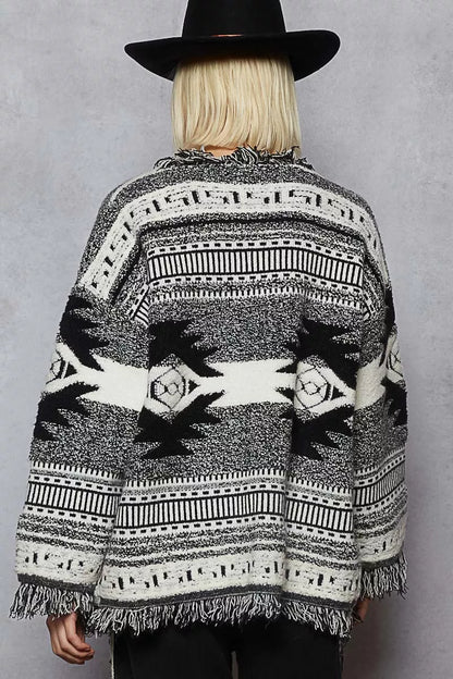 POL Open Front Black Geometric Print Cardigan with Fringe Detail - Tigbuls