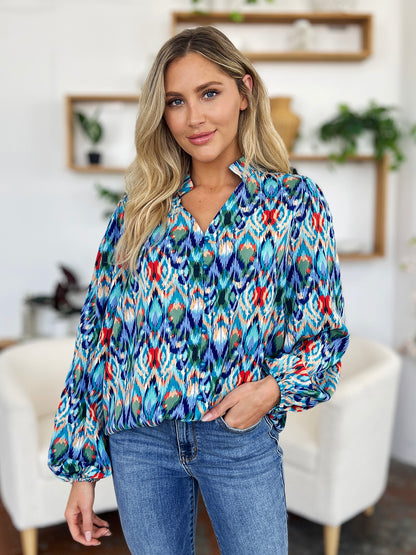 Blue Printed Balloon Sleeve Blouse Small up to 3XL - Tigbul's Variety Fashion Shop