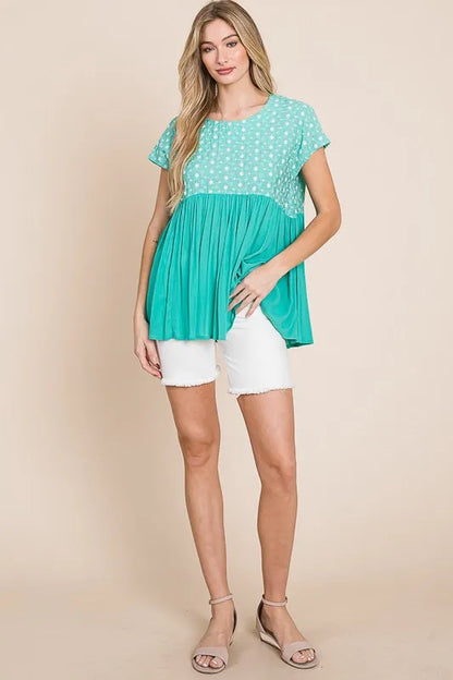 Embroidered Short Sleeve Pleated Babydoll Top Plus Size - Tigbul's Variety Fashion Shop