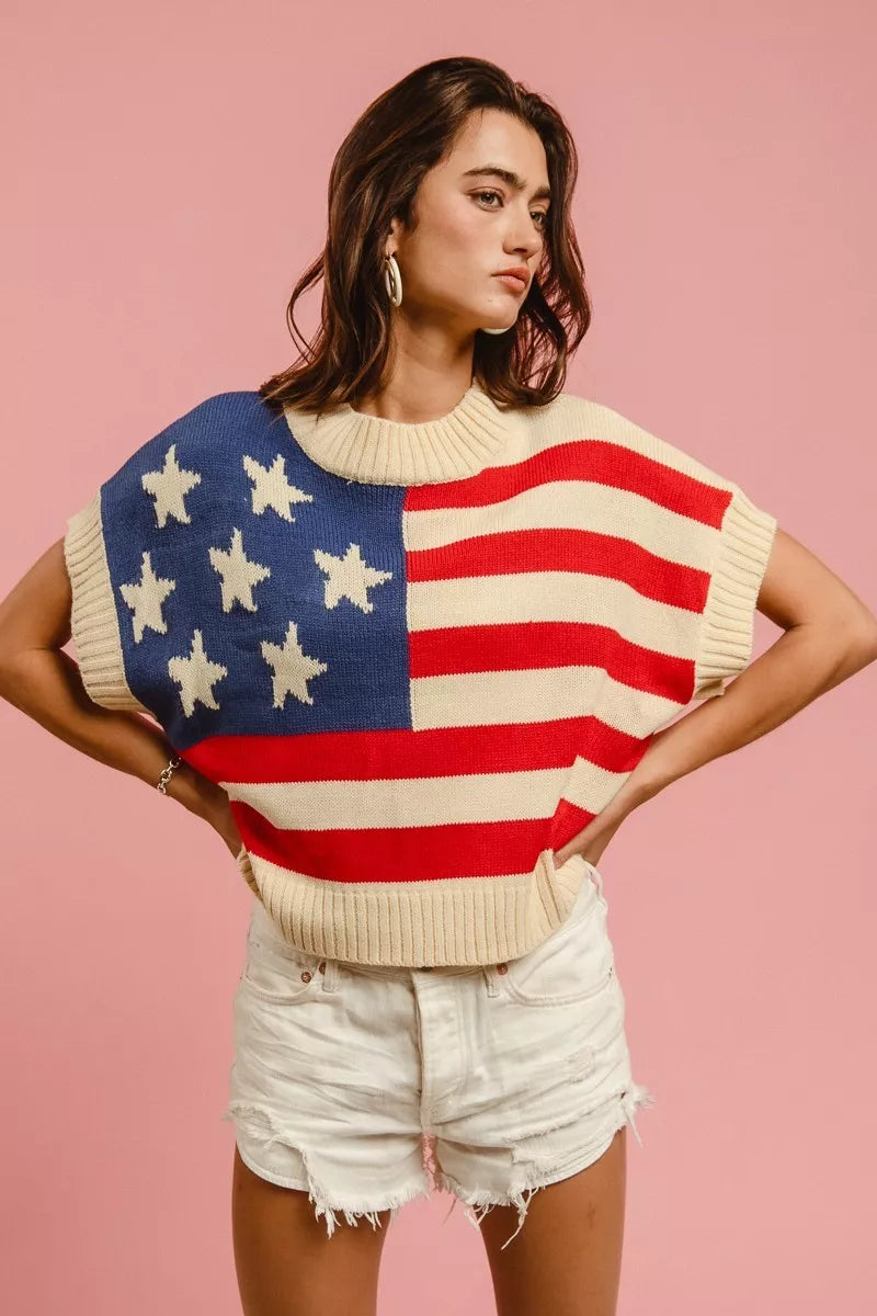BiBi Star Patches American Flag Sleeveless Sweater - Tigbul's Variety Fashion Shop