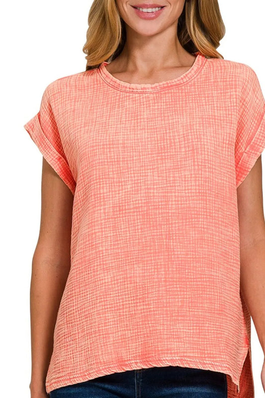 Zenana Woven Double Gauze Acid Washed Short Sleeve Top - Tigbul's Variety Fashion Shop