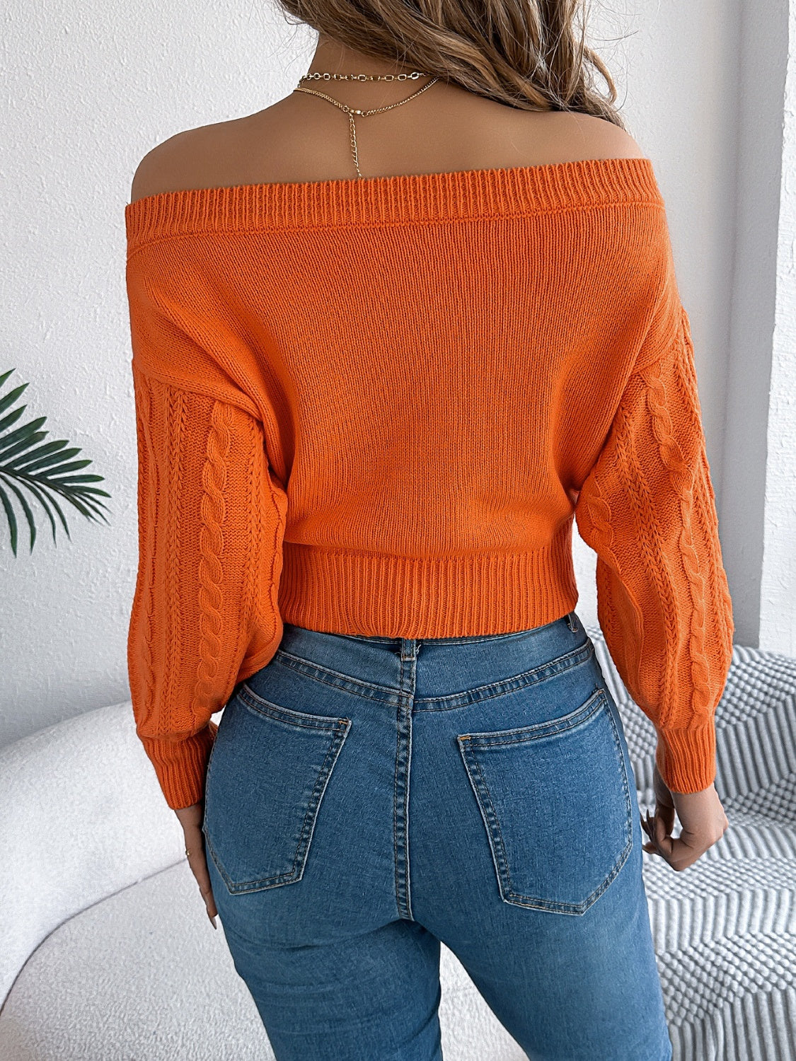 Cable Knit Off-Shoulder Long Sleeve Sweater - Tigbul's Variety Fashion Shop