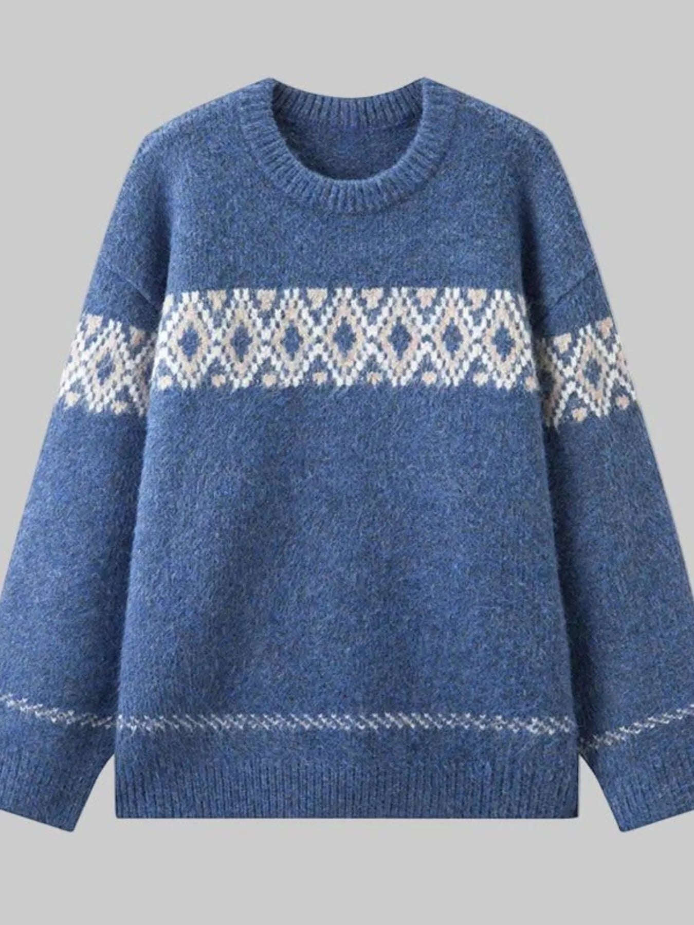 Full Size Vintage Patterned Round Neck Sweater Plus Size - Tigbul's Variety Fashion Shop