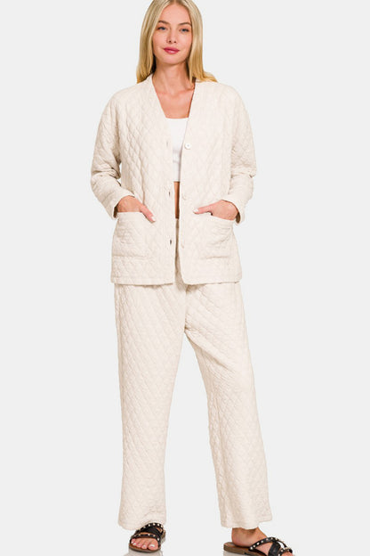 Zenana Quilted Button Up Long Sleeve Top and Pants Lounge Set - Tigbul's Variety Fashion Shop