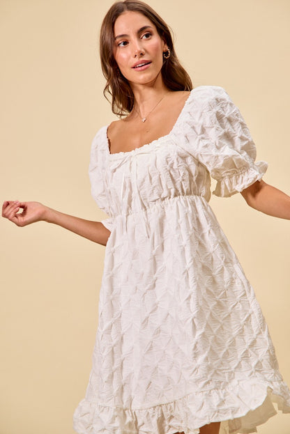 Off White Texture Woven Ruching On Bust Mini Dress - Tigbul's Variety Fashion Shop