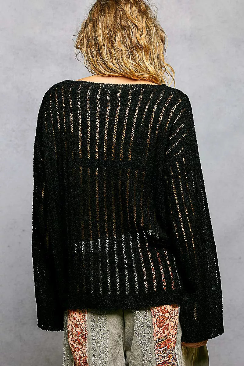 Black open-weave sweater back view with round neckline and vertical knit stripes