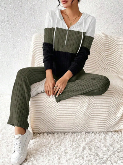 Color Block Half Zip Hooded Top and Pants Set - Tigbul's Variety Fashion Shop