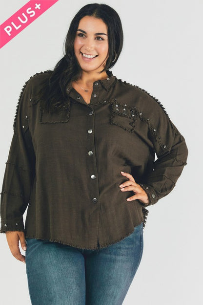 Plus Distressed hem button down oversize shirt - Tigbul's Variety Fashion Shop