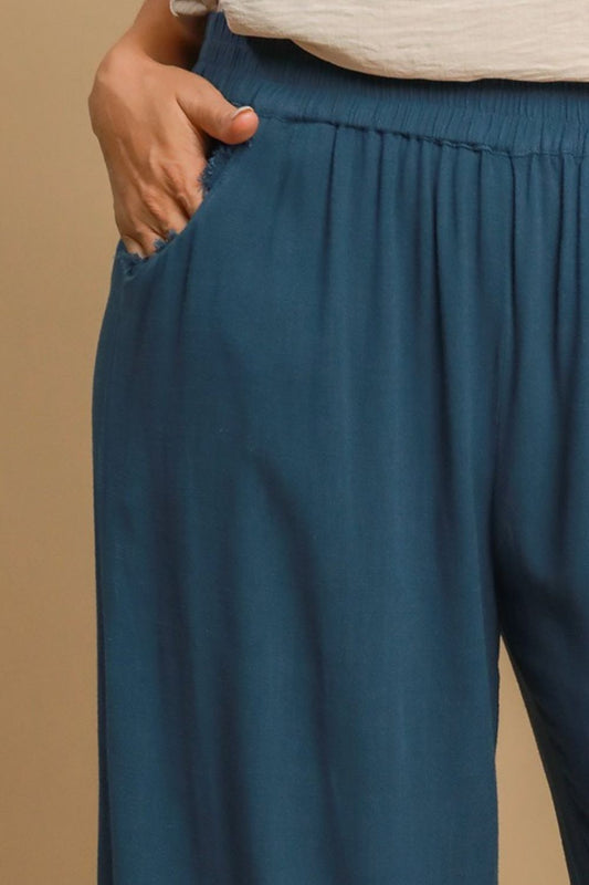 Umgee Full Size Linen Blend Elastic Waistband Wide Leg Pants Plus Size - Tigbul's Variety Fashion Shop