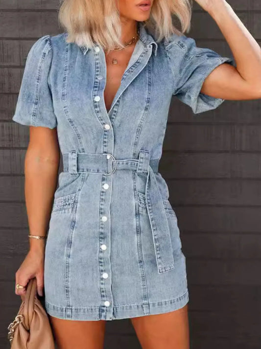 Button-Up Puff Sleeve Denim Shirt Dress - Tigbul's Variety Fashion Shop
