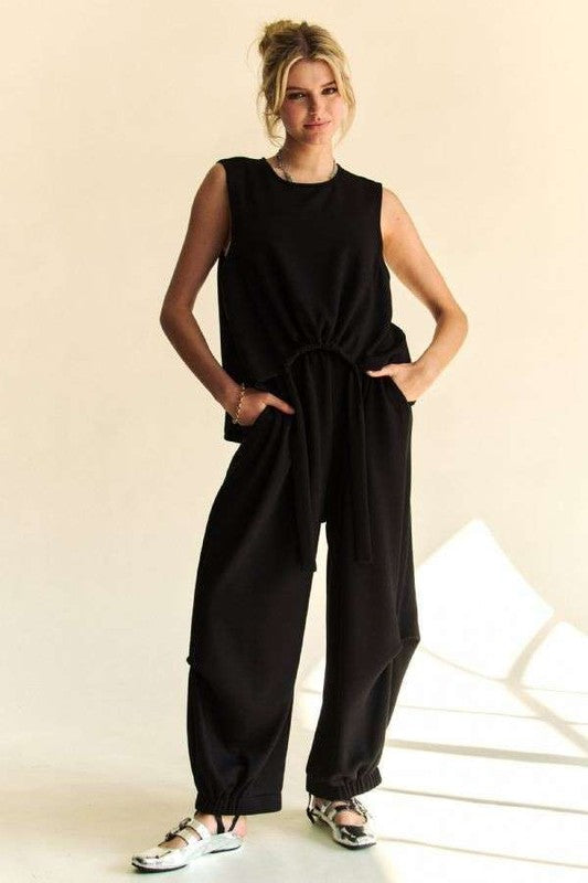 Black Drawstring Hem Round Neck Tank and Pants Set - Tigbul's Variety Fashion Shop