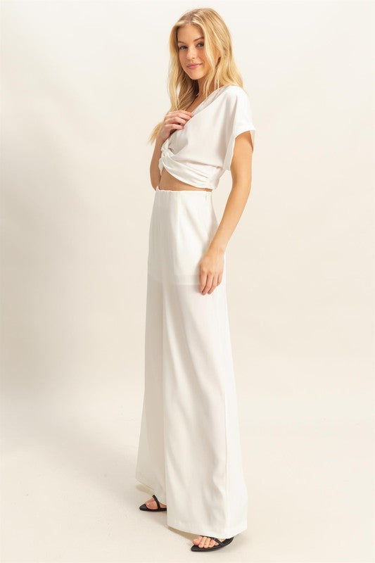 Off White Twisted Front Short Sleeve Top and Wide Leg Pants Set - Tigbul's Variety Fashion Shop