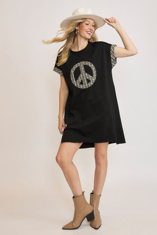 Black Peace Plaid Applique Short Sleeve Mini Dress - Tigbul's Variety Fashion Shop