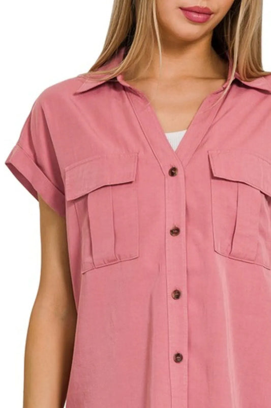 Zenana Tencel V-neck Collared Top W Front Flap Pockets - Tigbul's Variety Fashion Shop