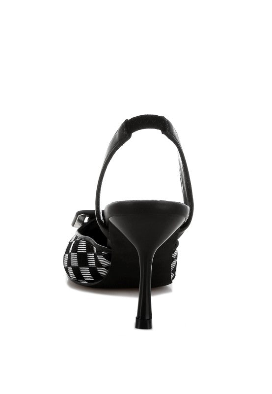 Black stiletto slingback heel with checkered mesh back and curved opening