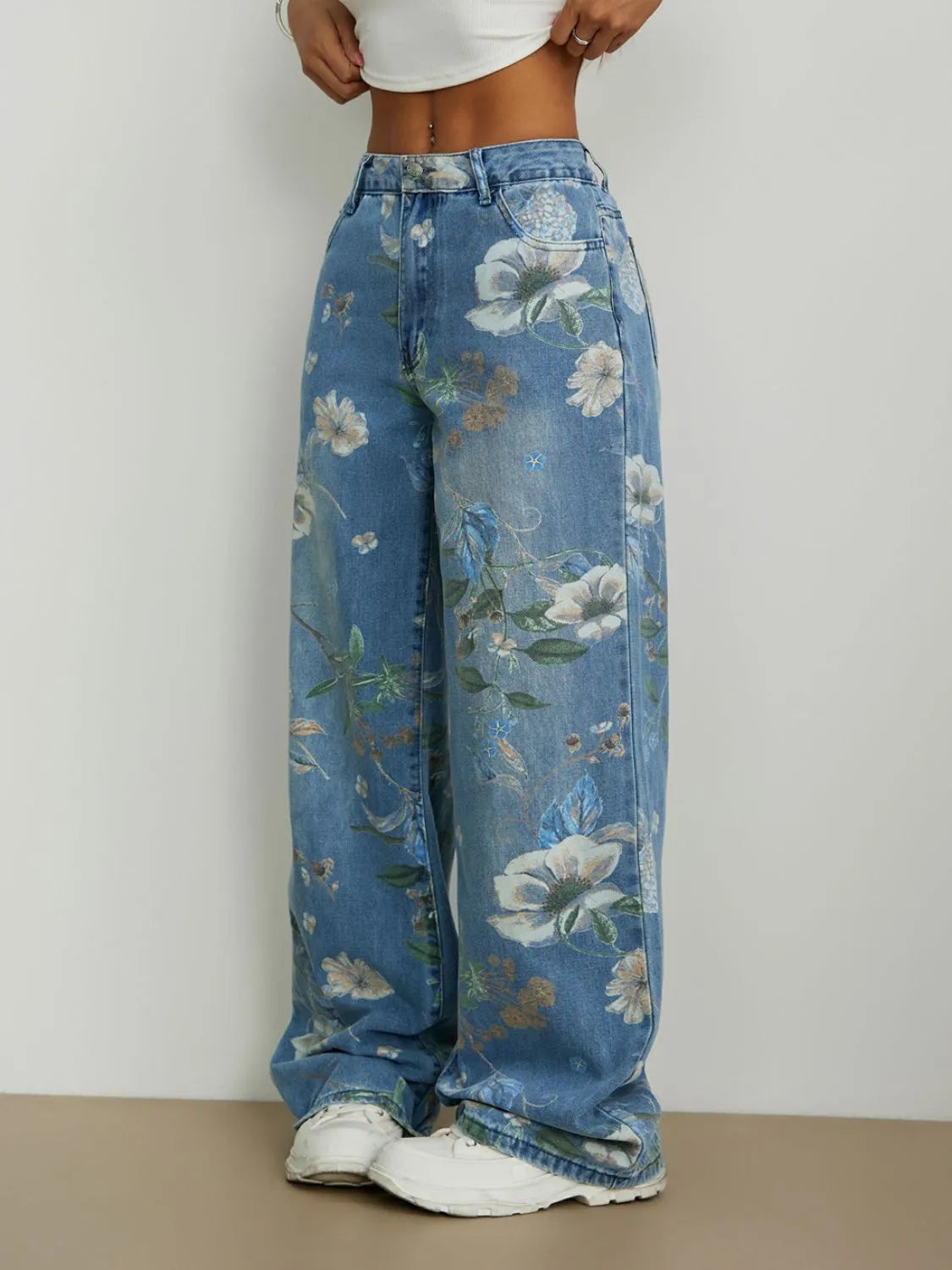 Light Blue Printed Wide Leg Jeans - Tigbul's Variety Fashion Shop