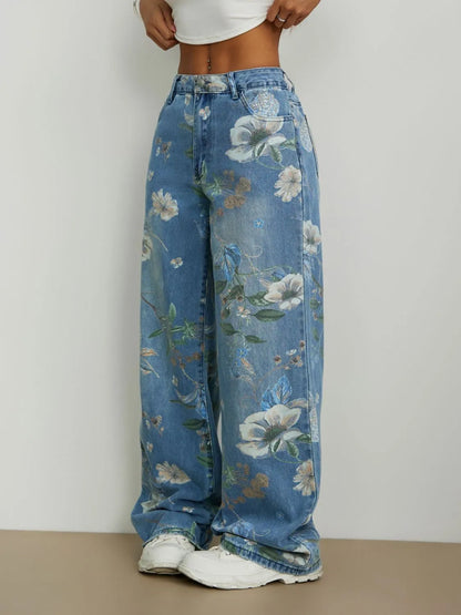 Light Blue Printed Wide Leg Jeans - Tigbul's Variety Fashion Shop