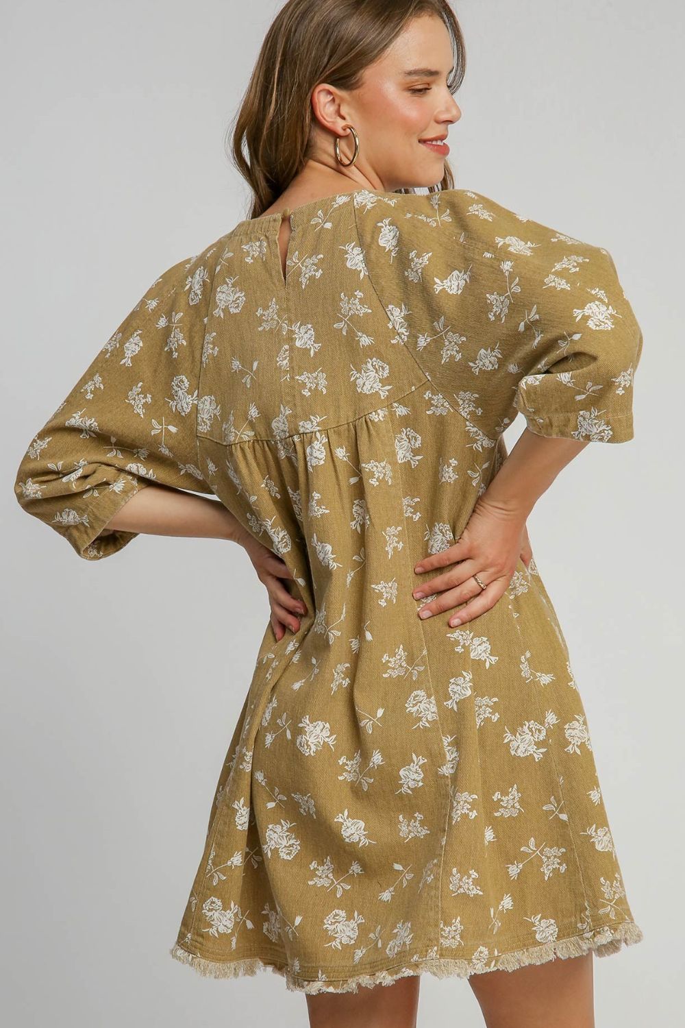 Raw Hem Floral Print Round Neck Denim Dress in Mocha - Tigbul's Variety Fashion Shop