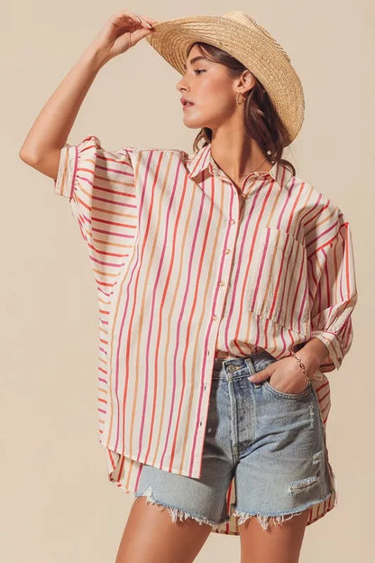 Pink Multicolored Stripe Button Down Shirt - Tigbul's Variety Fashion Shop