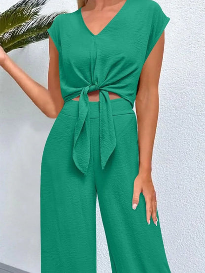 Tie Front Top and Wide Leg Pants Set - Tigbul's Variety Fashion Shop