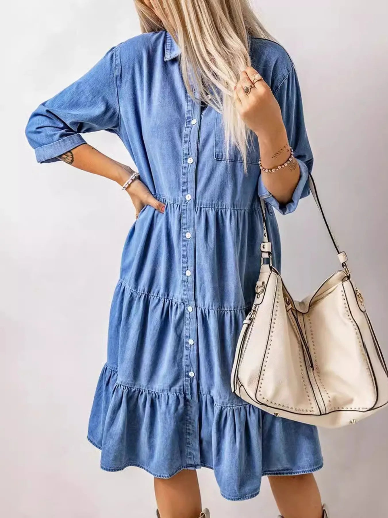 Full Size Ruffled Hem Button Up Denim Midi Dress Plus Size - Tigbul's Variety Fashion Shop
