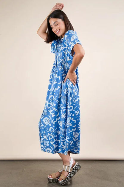 Blue Plus Size Oversized Printed Shirt Midi Dress - Tigbul's Variety Fashion Shop