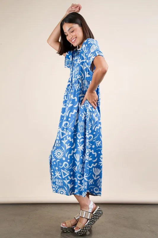 Blue Plus Size Oversized Printed Shirt Midi Dress - Tigbul's Variety Fashion Shop