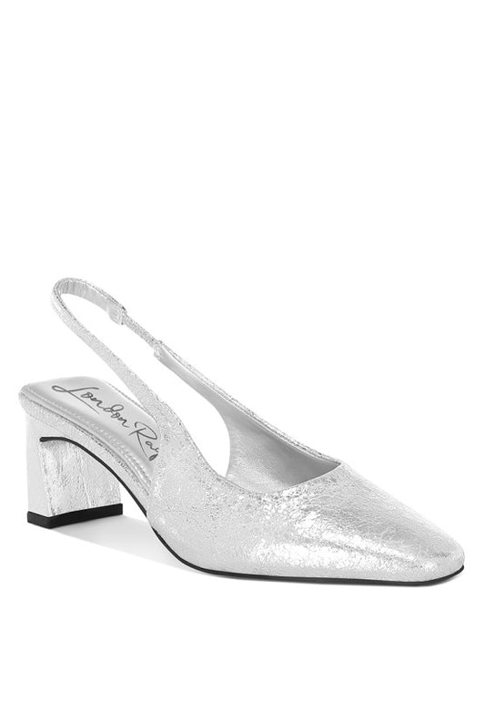 Amberin Crinkled Silver Metallic Square Toe Slingback Heels | Tigbuls