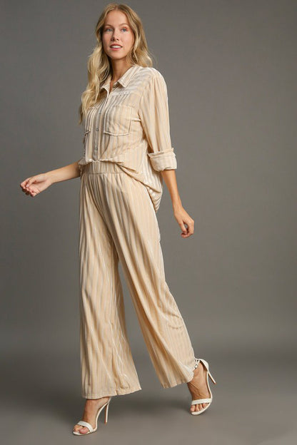 Umgee Elastic Waist Striped Wide Leg Velvet Pants - Tigbul's Variety Fashion Shop