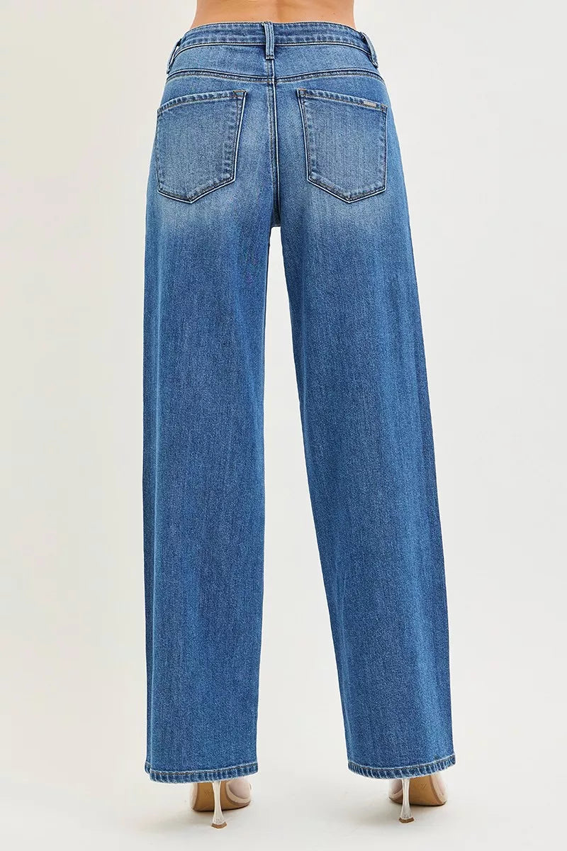 Medium wash blue wide-leg jeans, two back patch pockets and belt loops