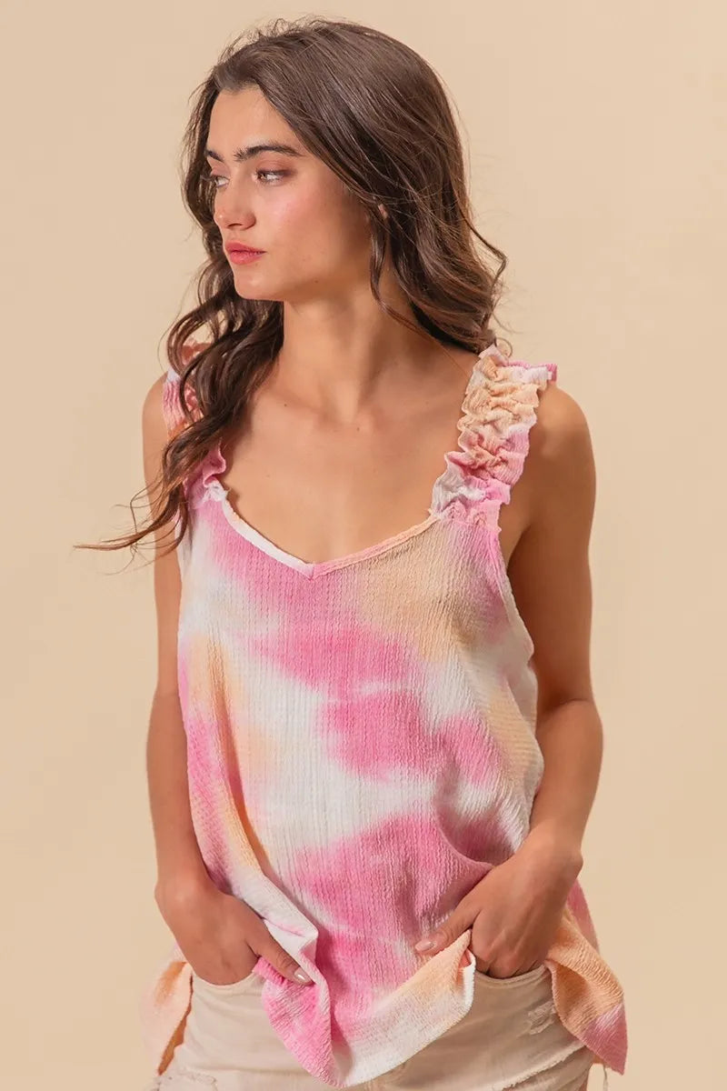 Tie Dye Printed Textured Woven with Ruffled Shirt - Tigbul's Variety Fashion Shop