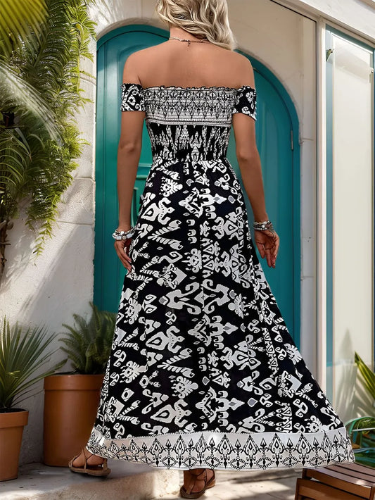 Black Slit Printed Off-Shoulder Dress - Tigbul's Variety Fashion Shop