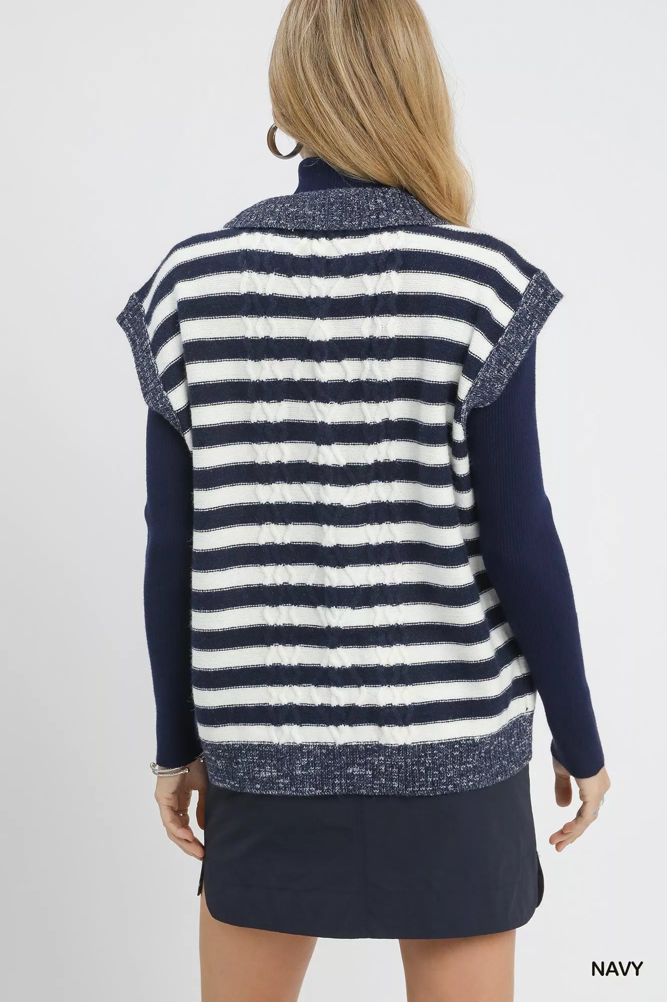 Umgee Cable Knit Collared Striped Vest Sweater - Tigbul's Variety Fashion Shop