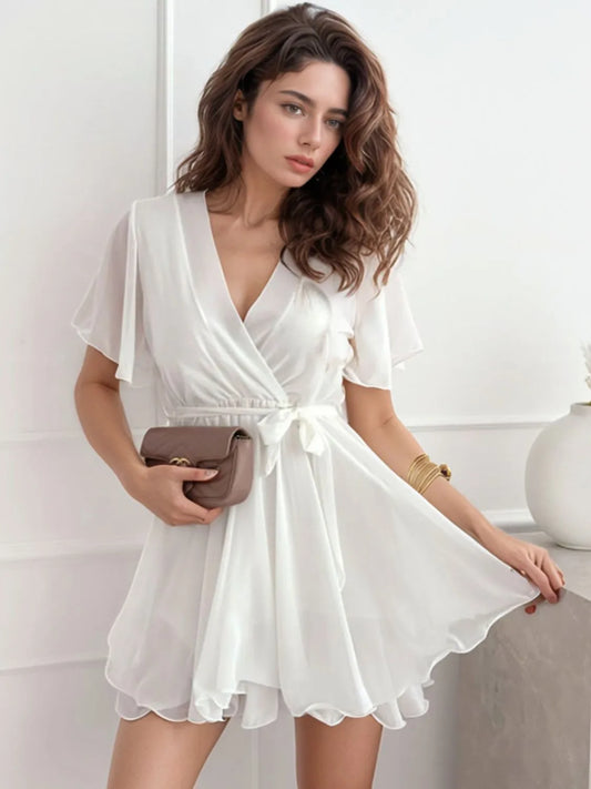 Surplice Flutter Sleeve Mini Dress - Tigbul's Variety Fashion Shop