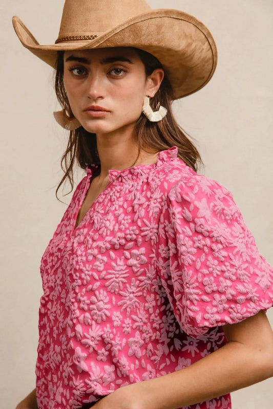 BiBi Floral Pattern Texture Short Balloon Sleeves Ruffled Blouse - Tigbul's Variety Fashion Shop